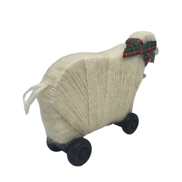 Primitive Wooly Lamb Sheep Holiday Figurine on Wheels Wood Body Bell Bow Vintage - Picture 8 of 15